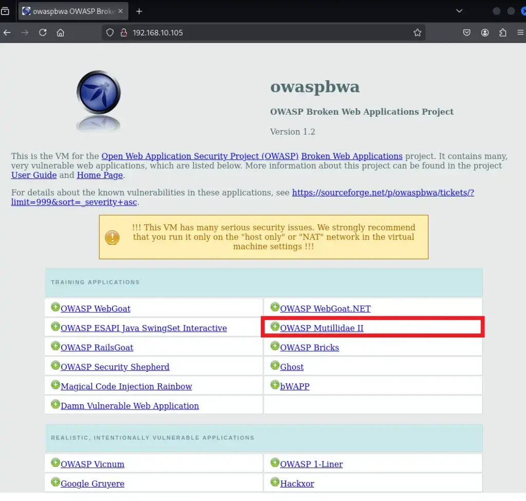 OWASP BWAにアクセスし、OWASP Mutillidae IIを選択する