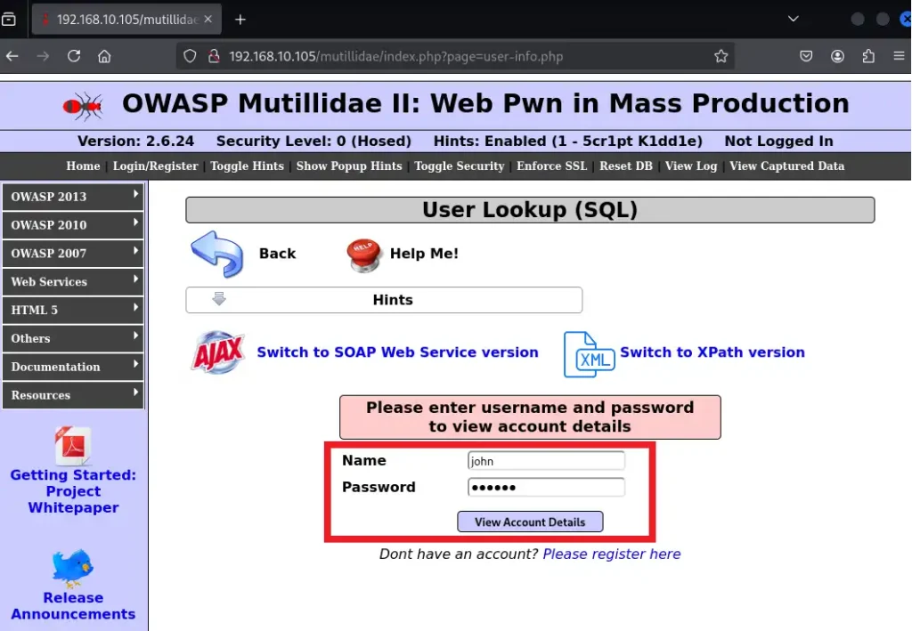 sqlmapで取得した認証情報(例.john、monkey)をName、Passwordに入力して、View Account Detailsボタンを押下する