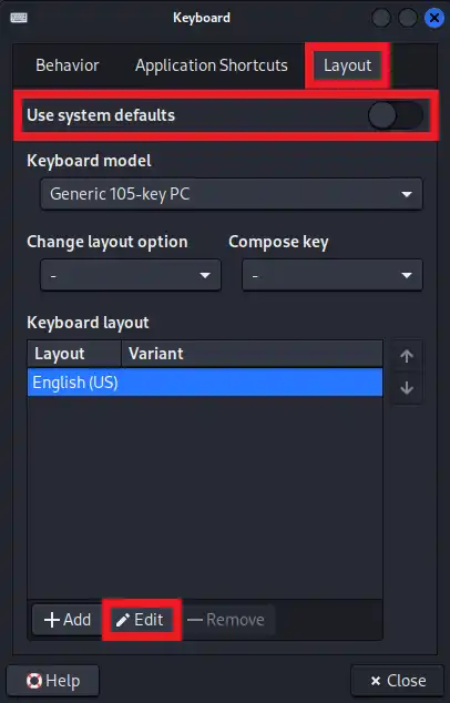 キーボードレイアウトのデフォルト設定を無効にする