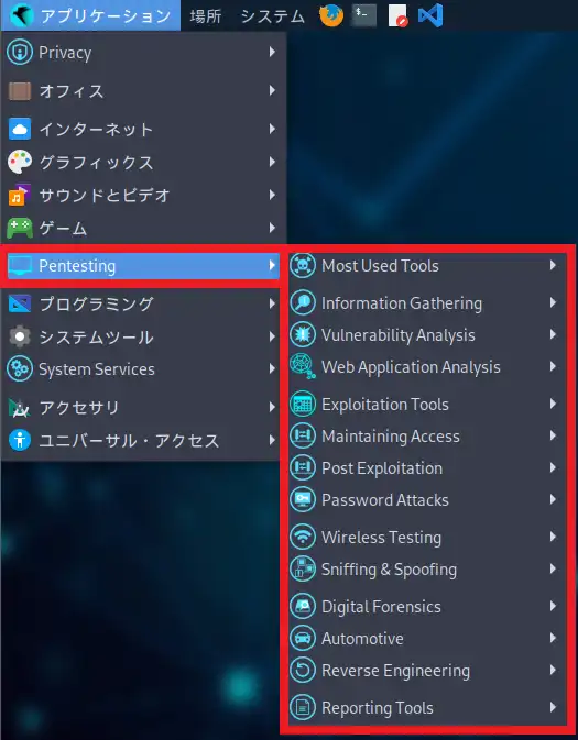 Parrot Security Edition 6.4のメニュー「Pentesting」