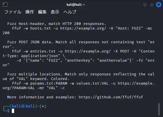 ターミナルが起動して、ffuf -hの実行結果を表示