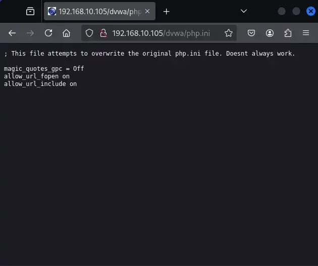発見したファイル（http://192.168.10.105/dvwa/php.ini）をブラウザで開く