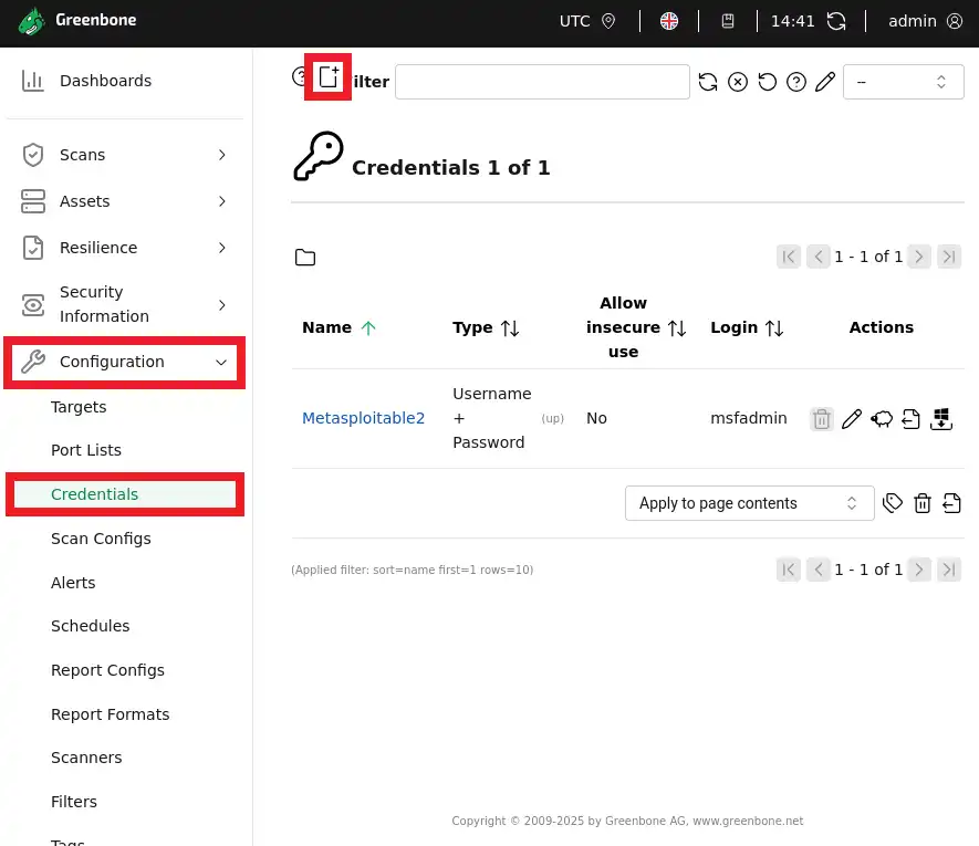 GVM（OpenVAS）の認証情報の画面