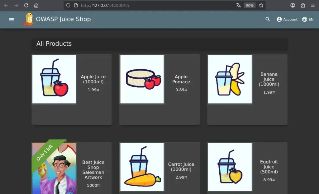 デフォルトブラウザが自動的に立ち上がり、OWASP Juice Shopのトップ画面が開く