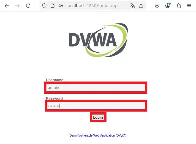 Username、Passwordを入力して、DVWAにログインする