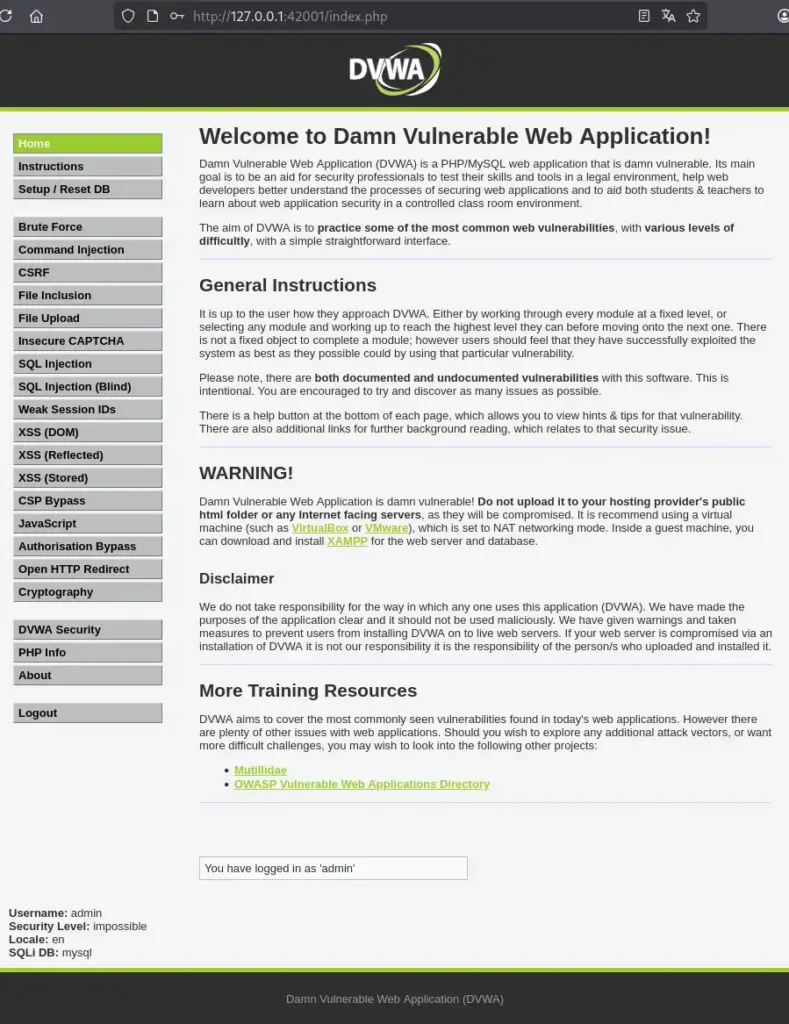 DVWAのホーム画面