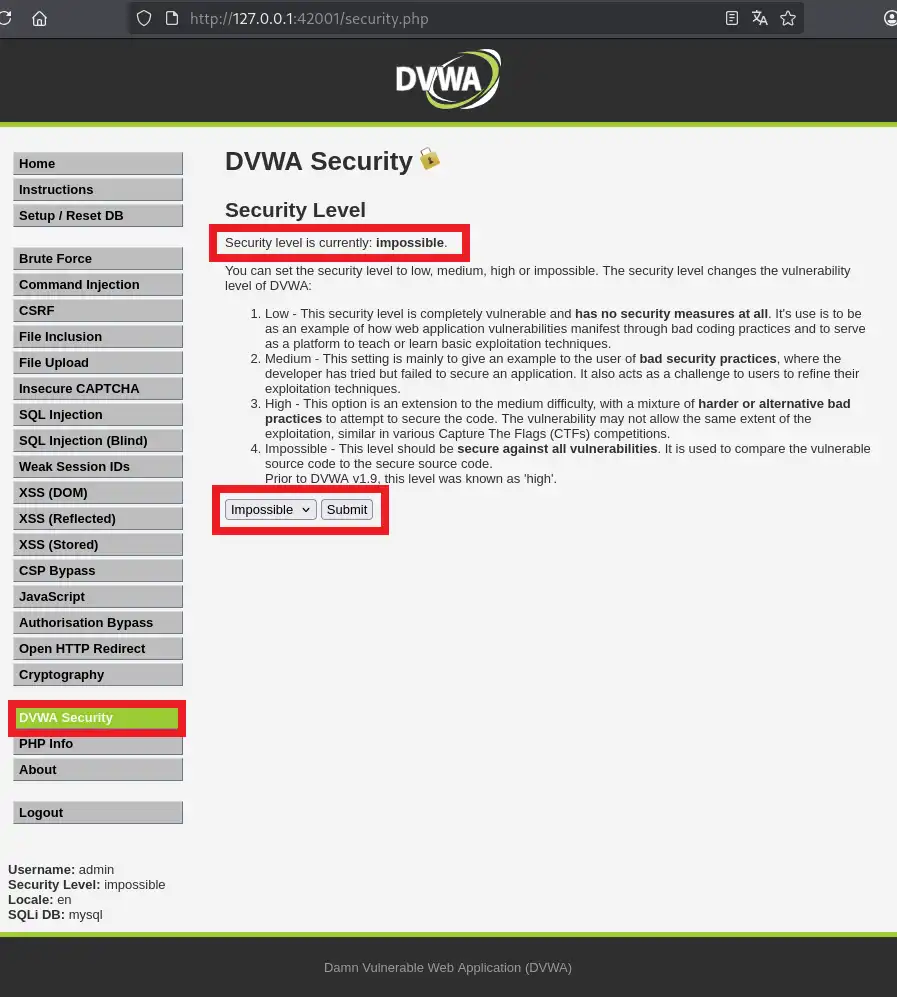 DVWAのセキュリティレベルの変更画面