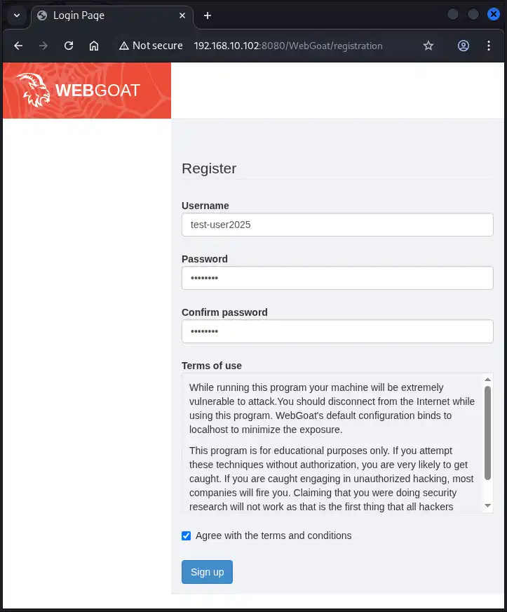 WebGoatのユーザー登録画面