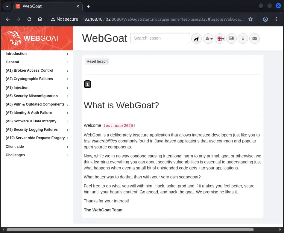 WebGoatのトレーニングの選択画面
