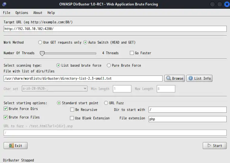 DirBusterのスキャン条件を設定
