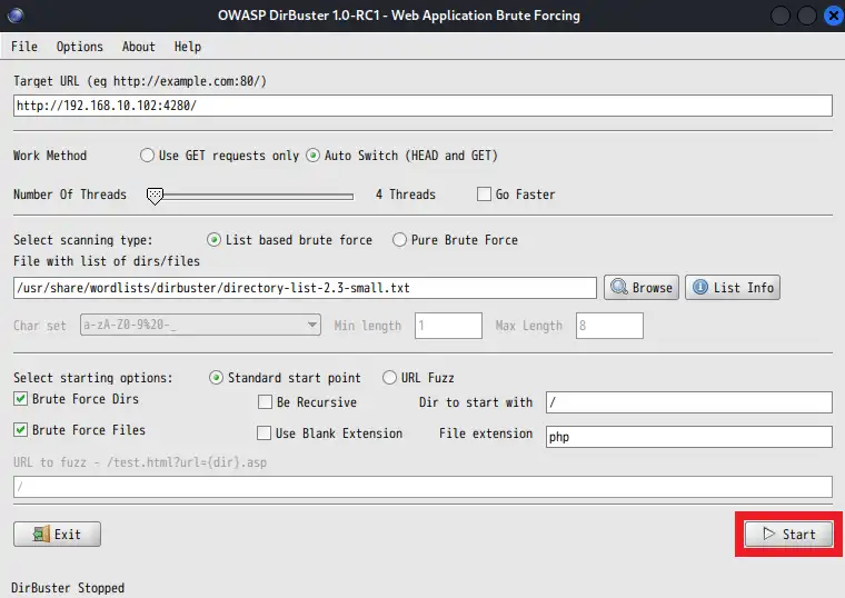 Startボタンをクリックして、DirBusterのスキャンを開始