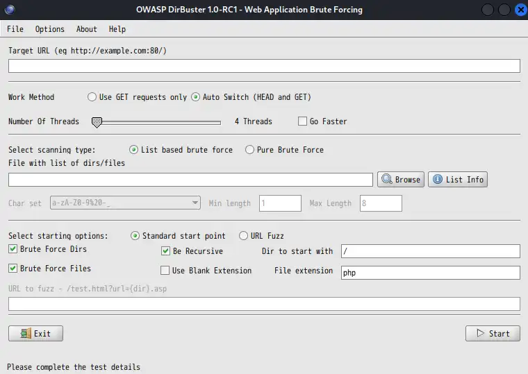 DirBusterのJavaアプリケーションが起動する