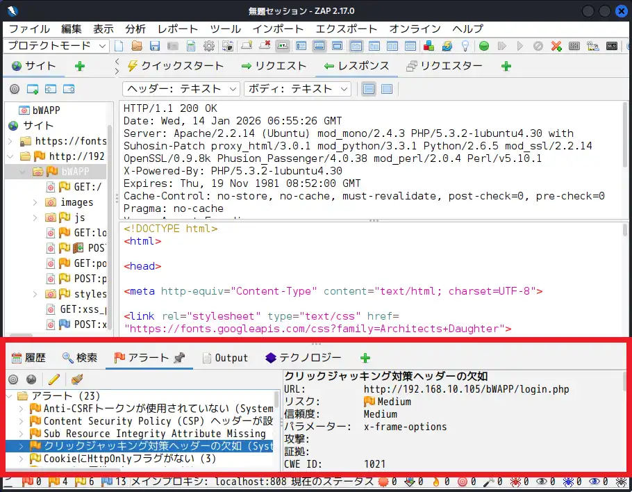 検出された脆弱性がアラートタブに表示される