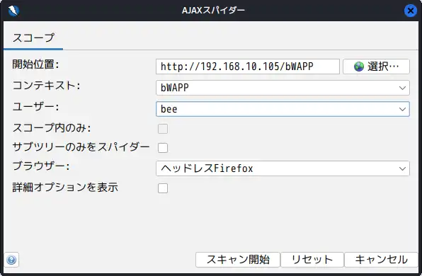 AJAXスパイダー起動画面