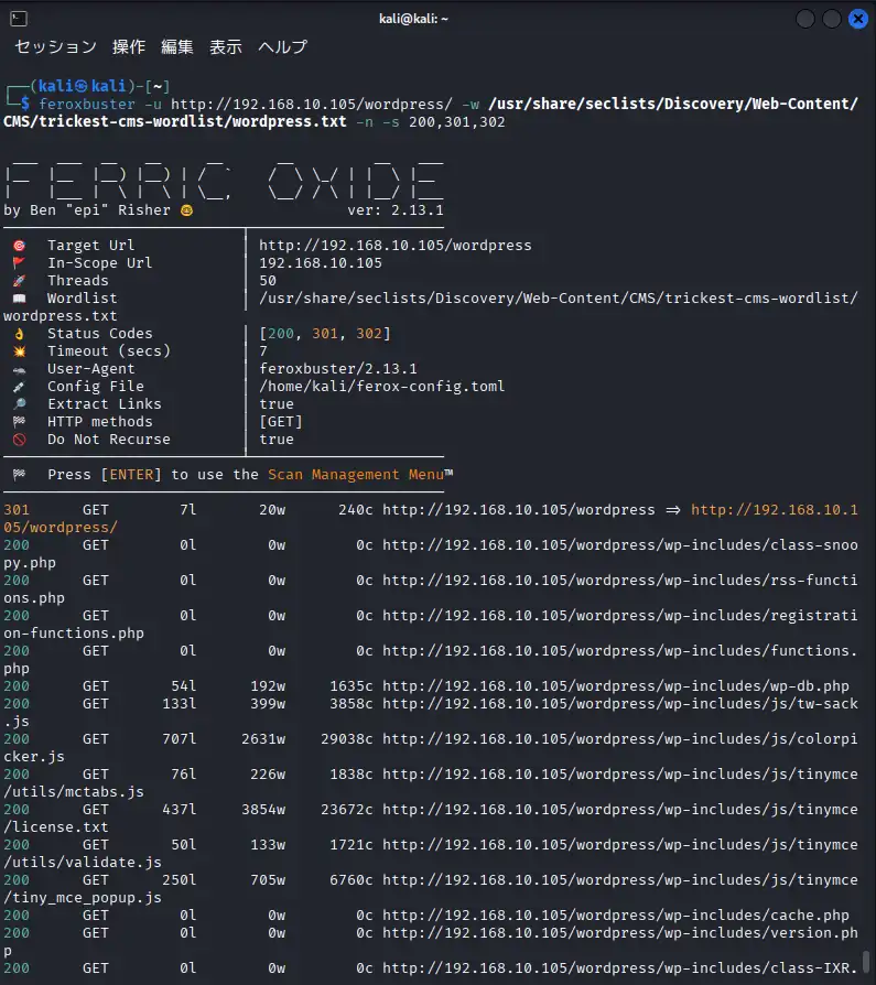 feroxbusterの実行結果