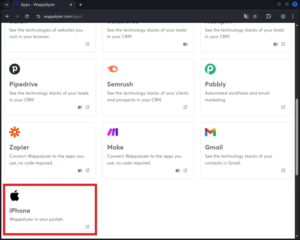 WappalyzerのiPhoneアプリのダウンロードページ