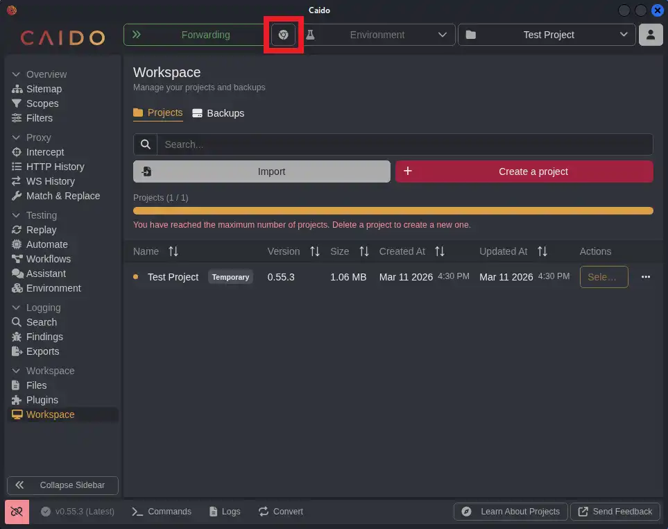 Browser Launcherアイコンを押下
