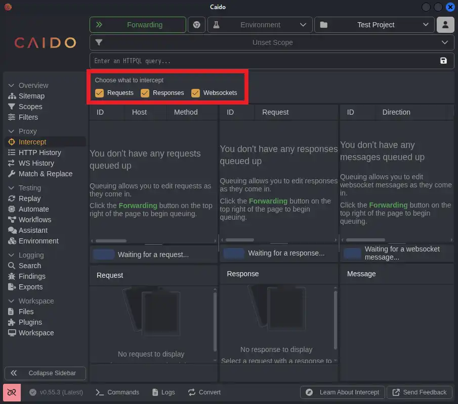 インターセプトする通信を選択