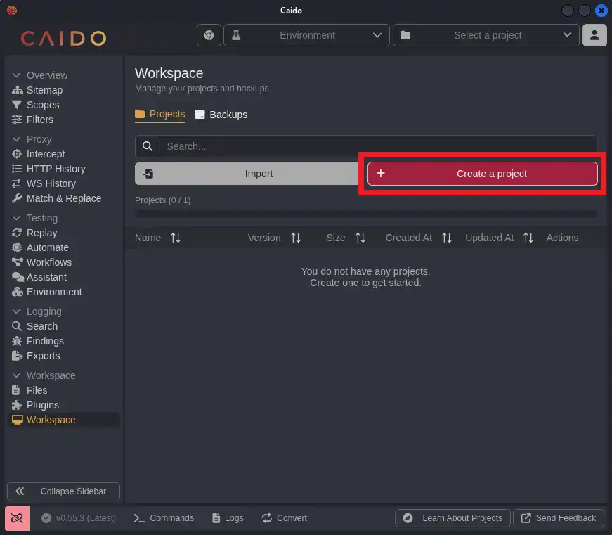 Caidoのプロジェクトを作成する