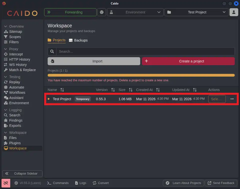 Workspace(ワークスペース)画面にプロジェクトが表示
