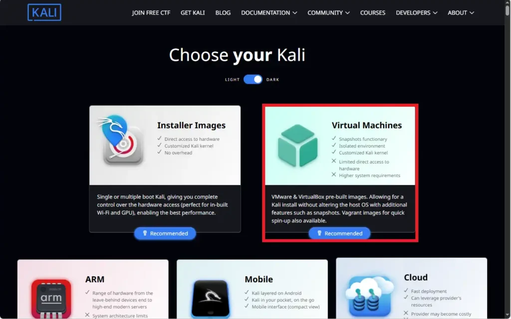 Kali Linuxのダウンロードページを開く