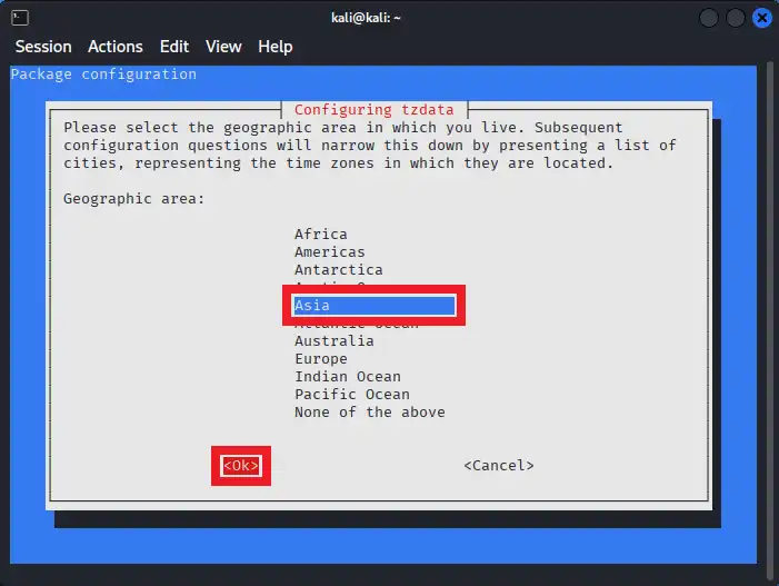 「Asia」を選択し、OKを押下