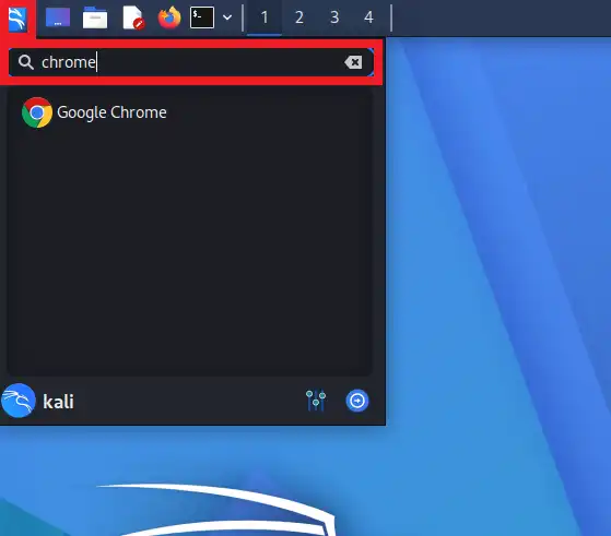 Kali Linuxのアプリケーションメニューの検索ボックスに「chrome」と入力