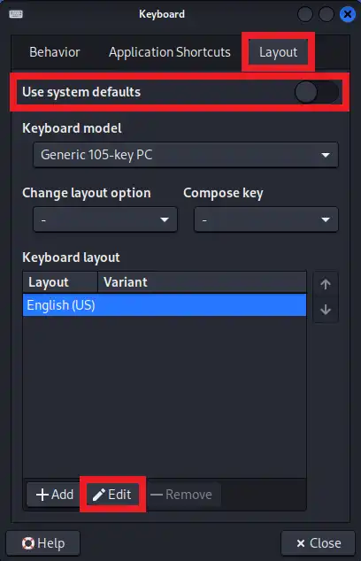 キーボードレイアウトのデフォルト設定を無効にする