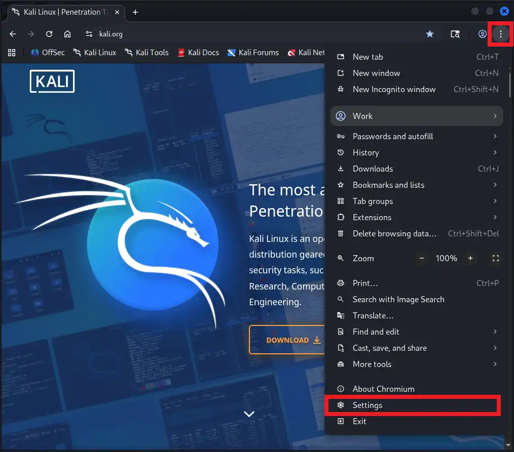 Chromiumの設定アイコンをクリックし、Settingsを選択