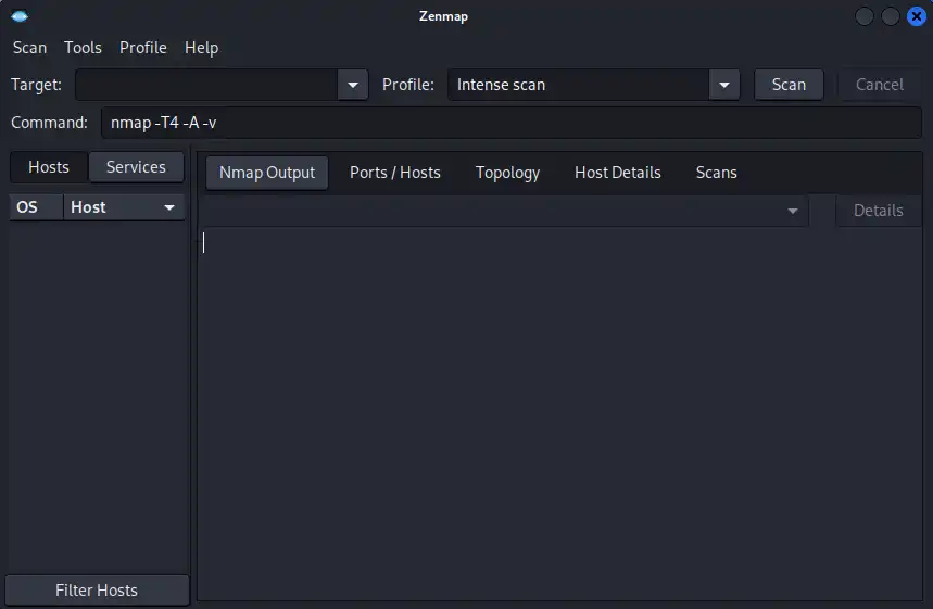 Kali LinuxのZenmapメインウィンドウ（英語UI）