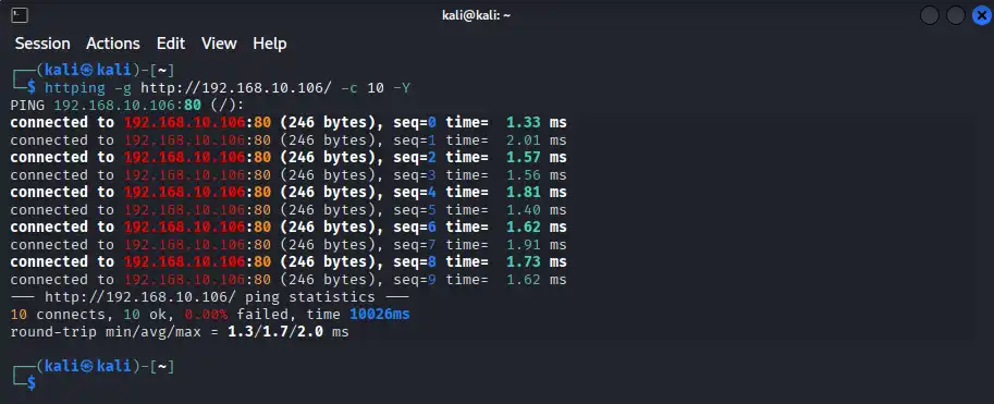 「httping -g http://192.168.10.106/ -c 5 -Y」の実行結果