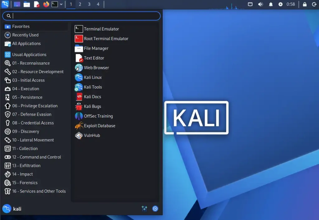 Kali Linux 2026.2のデスクトップUI（アプリケーションメニュー）