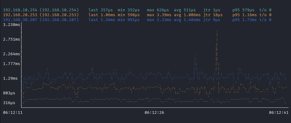 gping 192.168.10.254 192.168.20.253 192.168.30.107の実行結果